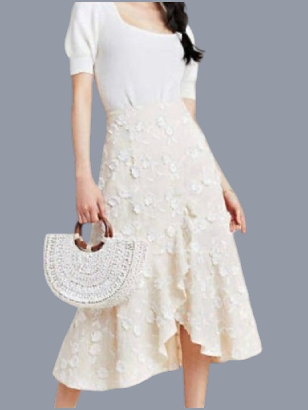 Rebecca Taylor Linen Wrap Skirt Floral Embroidered Applique Cream Women's Size 6